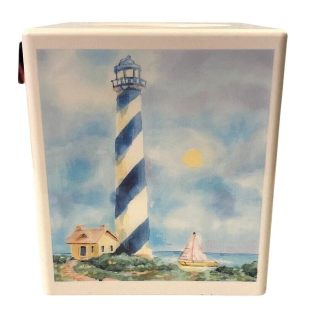 Lighthouse Square Tissue Box Cover Vintage Beach Ocean Decor Seaside Watercolor